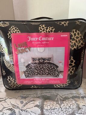 Juicy Couture Queen 8 Piece Bed Set Black With Leopard Print Hearts & Lips